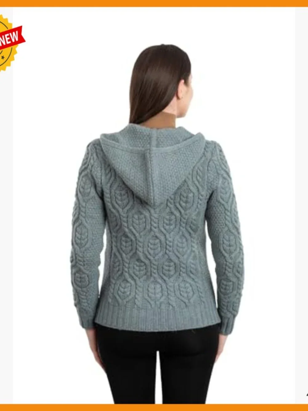 Merino Wool Hooded Zip Cardigan - Aran Stitch - Warm Layering Sweater - Picture 5 of 7